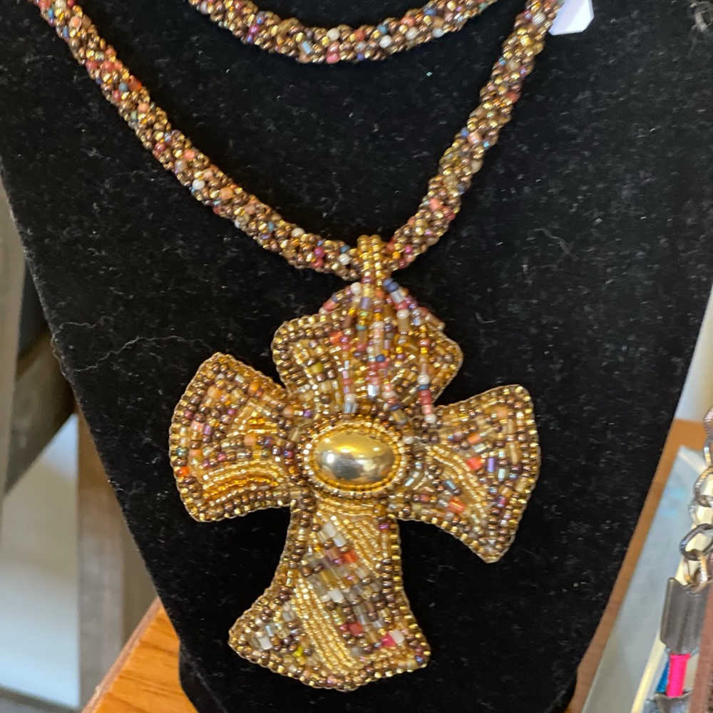 Hand beaded leather back cross necklace